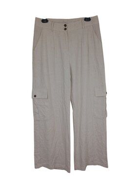 Afrikana Womens Beige 100% Linen Wide-Leg Cargo Pants With Pockets Size Medium